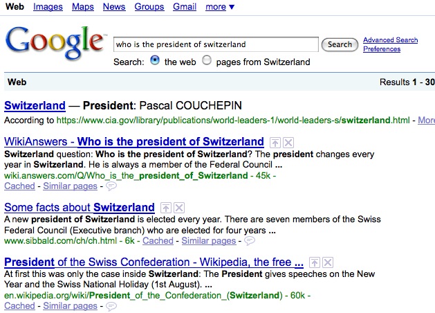 Recherche sur Google le 7 janvier 2009